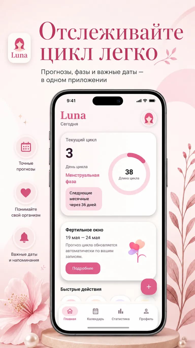 Главный экран мобильного приложения для записей менструального цикла у женщин, выполнен в нежно-персиковых тонах.